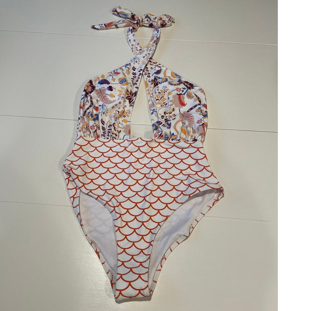 CUPSHE One Piece Swimsuit NWT Sz M Mermaid Floral Halter Tie Neck Deep Plunge - Picture 7 of 10